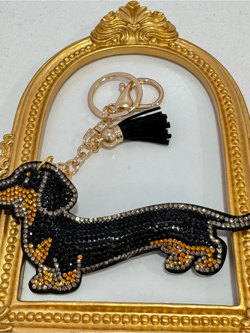 New Crystal Dachshund Keychain - Black & Gold